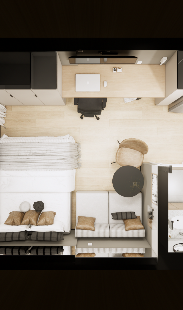 Planta 3D do YBY Urban Home com layout de estúdio, tons neutros, madeira clara, cama, sofá, mesa de trabalho e banheiro