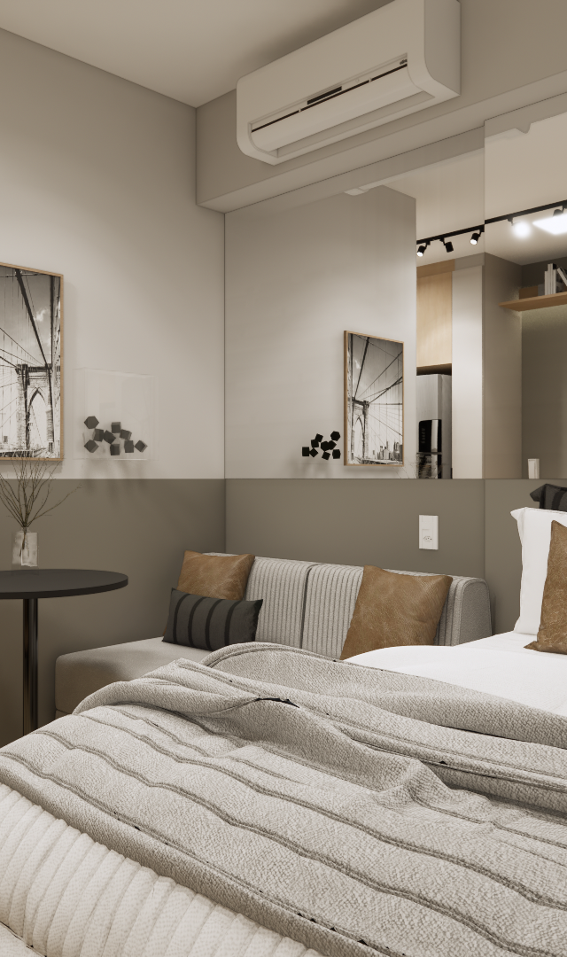 Render 3D do quarto YBY Urban Home com tons neutros, cama, mesa lateral, cadeira de couro e iluminação moderna indireta