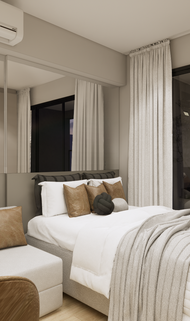 Render 3D de quarto no YBY URBAN HOME com cama, mesa redonda, espelhos, tons neutros, iluminação quente e cortinas