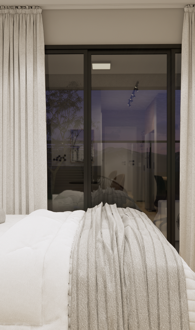 Render 3D do quarto YBY Urban Home com tons neutros, armário planejado, cortinas claras, cama e porta de vidro ao anoitecer