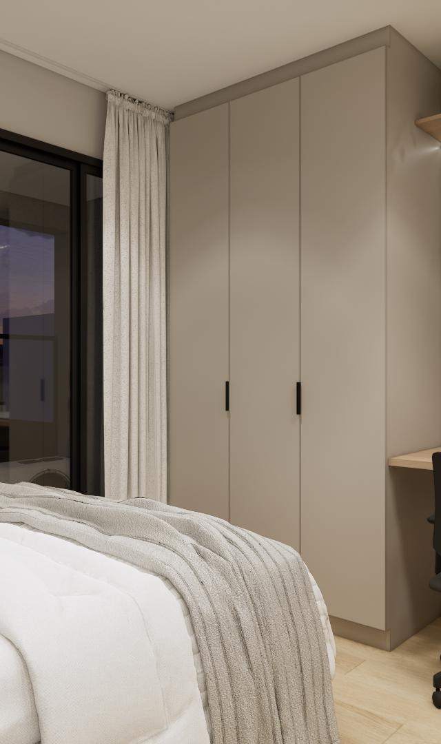 Render 3D do quarto YBY Urban Home com armário bege, bancada de trabalho, TV, cama neutra e iluminação indireta quente