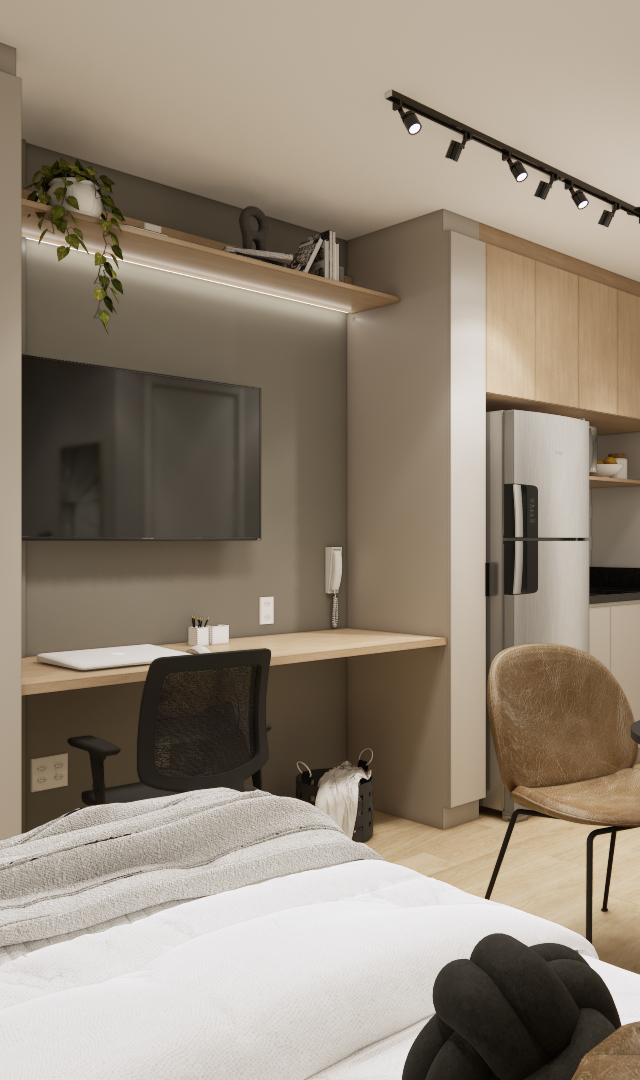 Render 3D do quarto YBY Urban Home com tons neutros, marcenaria planejada, mesa de trabalho e área de refeição integrada