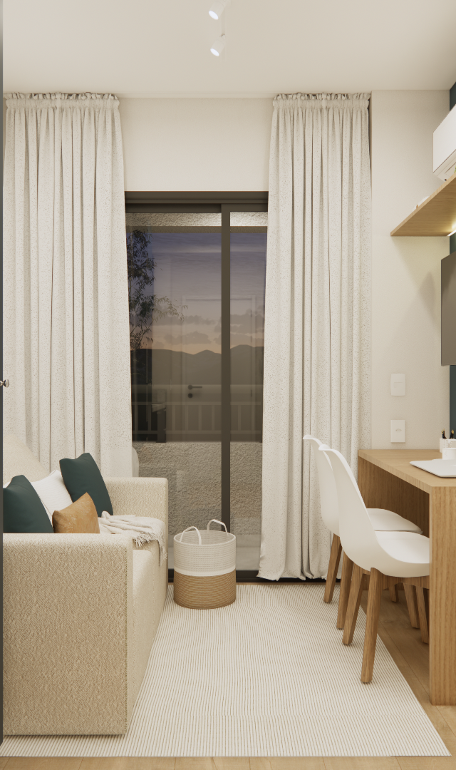 Render 3D de sala e cozinha integrada FP NEX ONE VILA NOVA com marcenaria em tons de verde escuro, madeira e iluminação LED