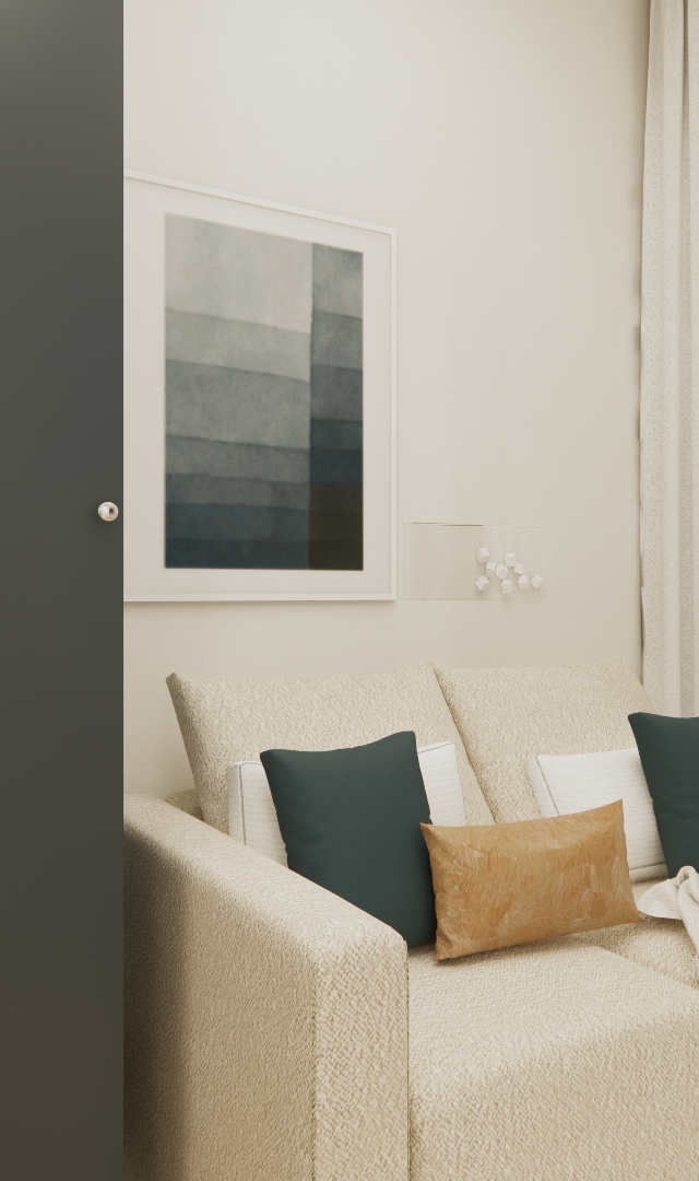Render 3D: sala e cozinha integradas, marcenaria cinza, sofá bege com almofadas, iluminação indireta e vista de varanda