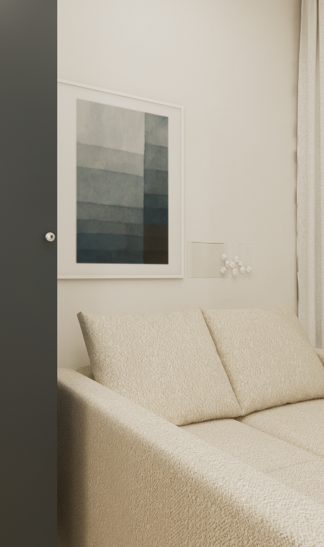 Render 3D do projeto NEX ONE VILA NOVA com cozinha compacta cinza, sofá bege, quadro abstrato e varanda ao anoitecer
