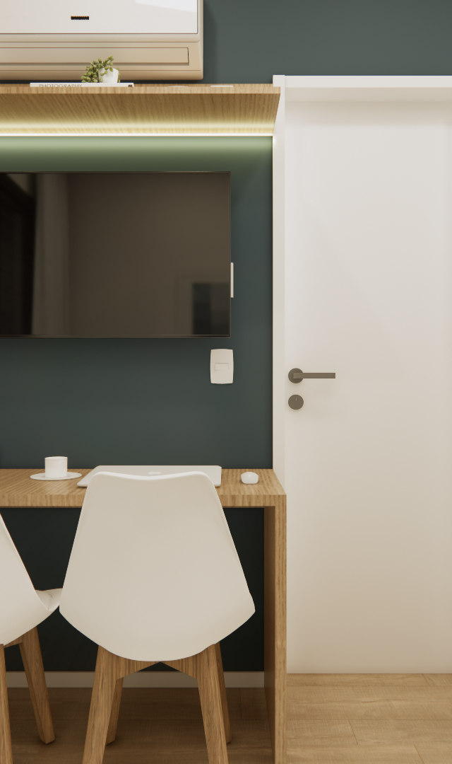 Render 3D: home office FP NEX ONE VILA NOVA com parede verde, mesa de madeira, cadeiras brancas e iluminação em fita LED