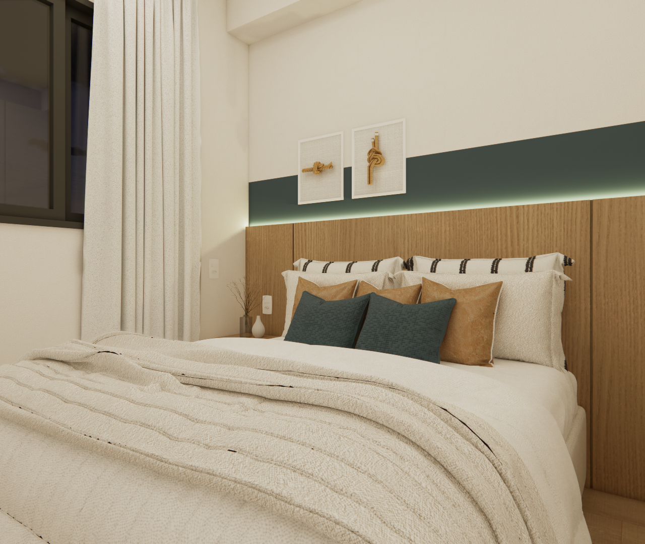 Render 3D de quarto no NEX ONE VILA NOVA com cabeceira em madeira, detalhe em verde, almofadas neutras e iluminação indireta