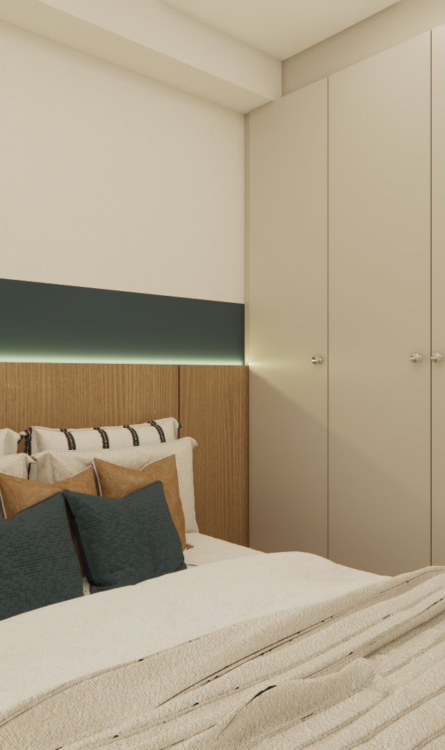 Render 3D do quarto FP - NEX ONE VILA NOVA com marcenaria em tons neutros, cabeceira de madeira e detalhes em azul profundo