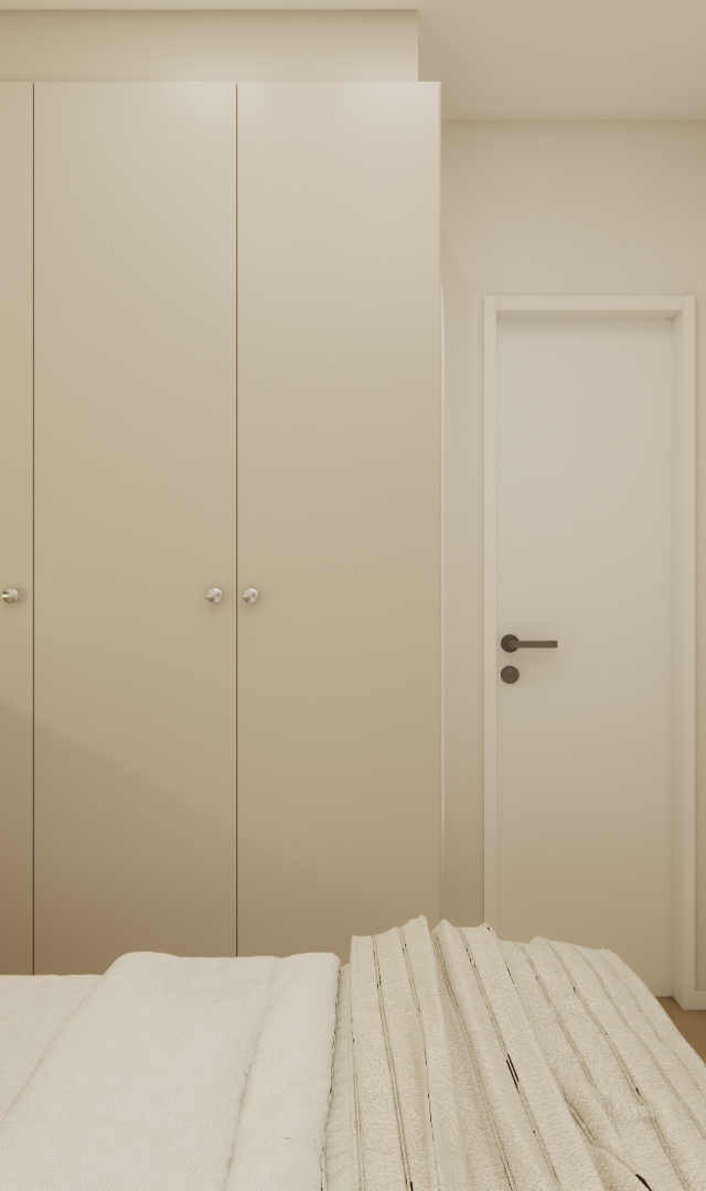 Render 3D de quarto no NEX ONE VILA NOVA com armário bege, cabeceira amadeirada, iluminação indireta e TV na parede clara
