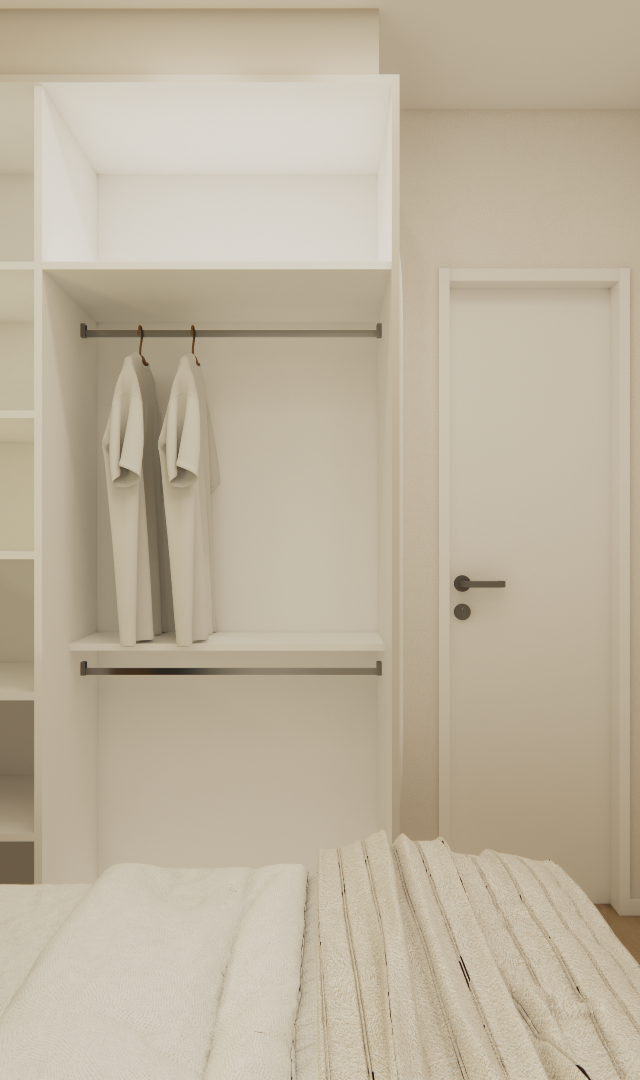 Render 3D de quarto no NEX ONE VILA NOVA com guarda-roupa aberto branco, cabeceira amadeirada, almofadas e TV na parede