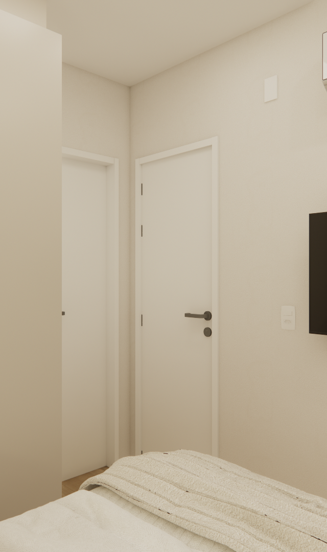 Render 3D de quarto no FP - NEX ONE VILA NOVA com marcenaria bege, paredes claras, TV na parede e ar-condicionado instalado