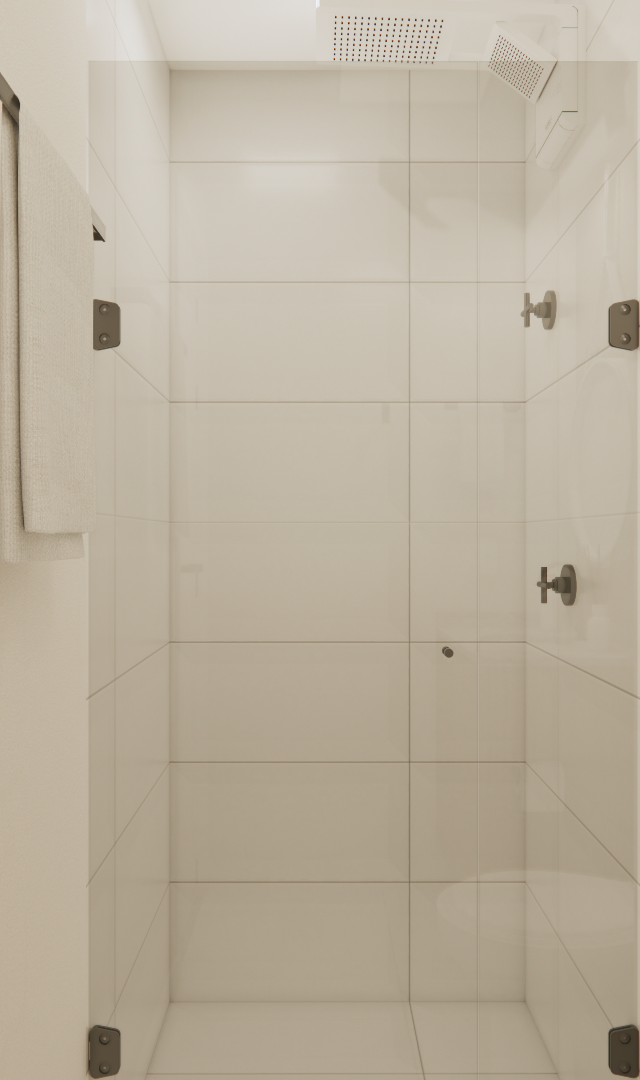 Render 3D de banheiro no FP - NEX ONE VILA NOVA com box de vidro, metais escuros, paredes claras e iluminação suave