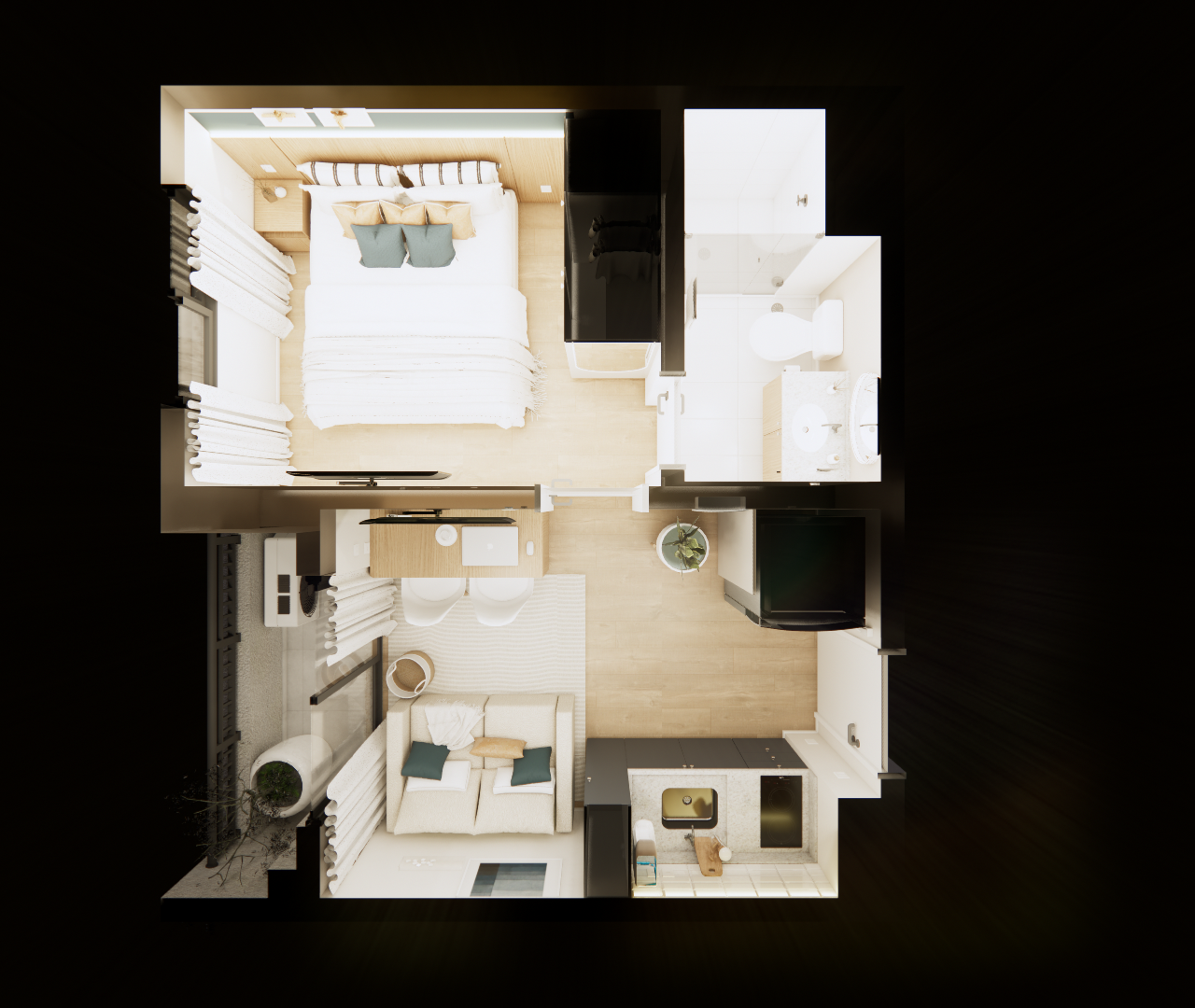 Planta baixa 3D do FP - NEX ONE VILA NOVA com sala, cozinha, quarto e banheiro em tons claros, madeira e iluminação suave