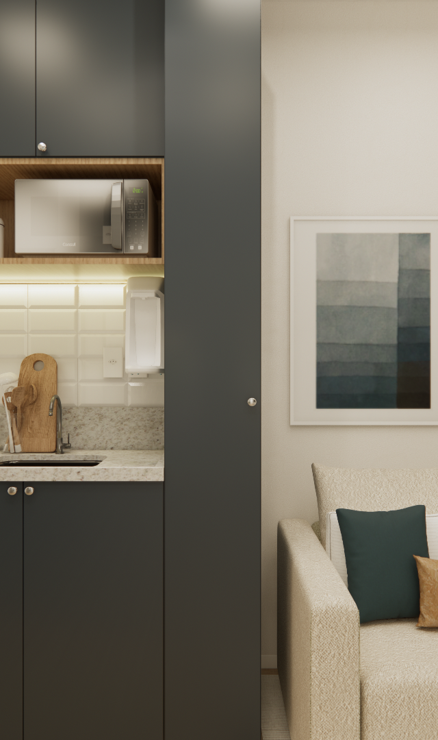 Render 3D: cozinha compacta com marcenaria cinza e nicho amadeirado, bancada de granito, revestimento branco e sofá bege
