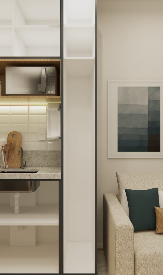 Render 3D de estúdio compacto no FP - NEX ONE VILA NOVA com cozinha em tons neutros, marcenaria escura e sofá bege