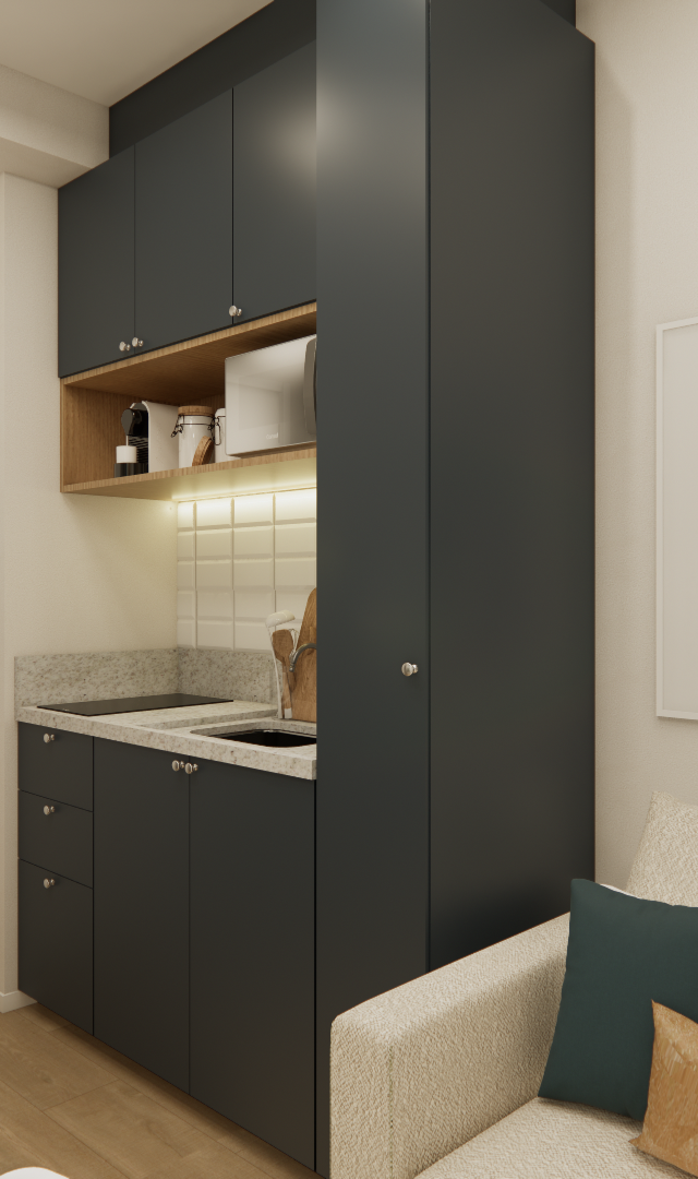 Render 3D de cozinha compacta em FP - NEX ONE VILA NOVA com marcenaria cinza chumbo, bancada em granito e luz embutida