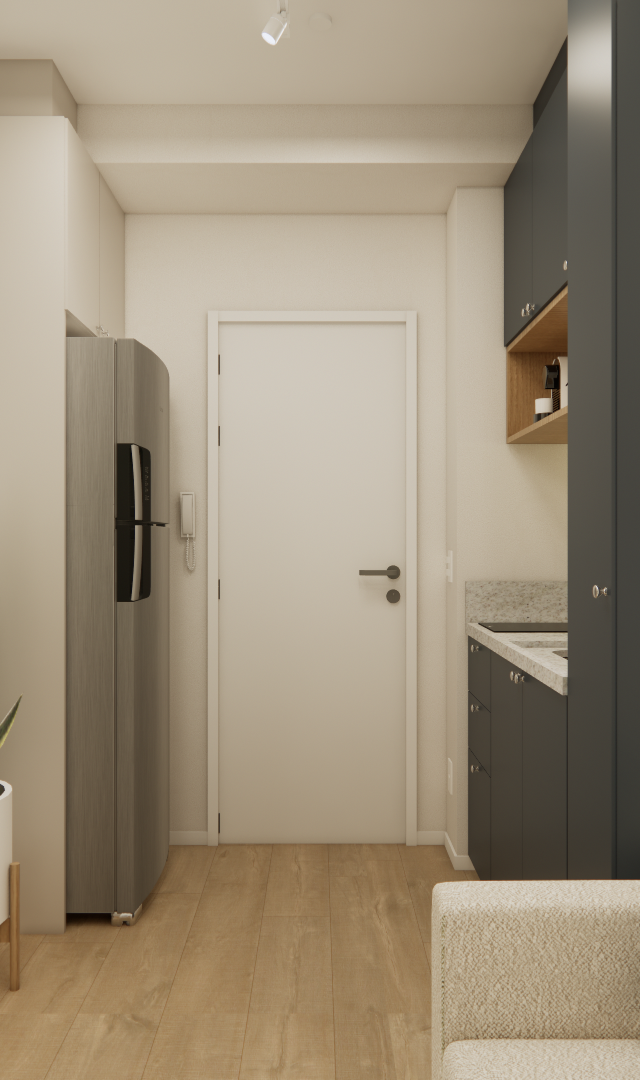 Render 3D do FP - NEX ONE VILA NOVA com cozinha cinza, geladeira inox, mesa de madeira, sofá bege e paredes em tons neutros