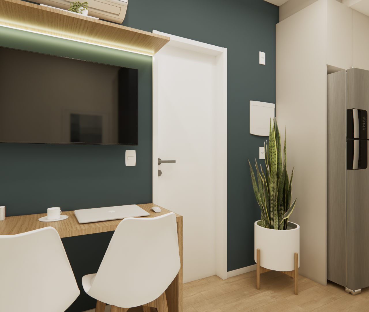 Render 3D: sala com parede verde, mesa de trabalho em madeira, cadeiras brancas, TV, iluminação led e geladeira inox