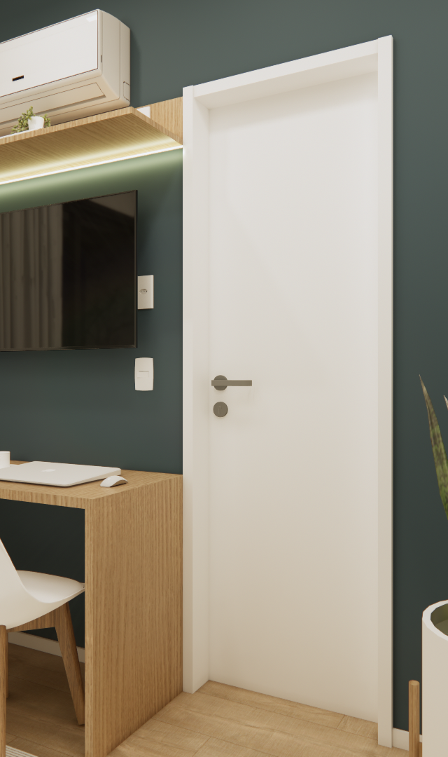 Render 3D de home office no FP NEX ONE Vila Nova com mesa de madeira, cadeiras brancas, parede verde e iluminação em fita