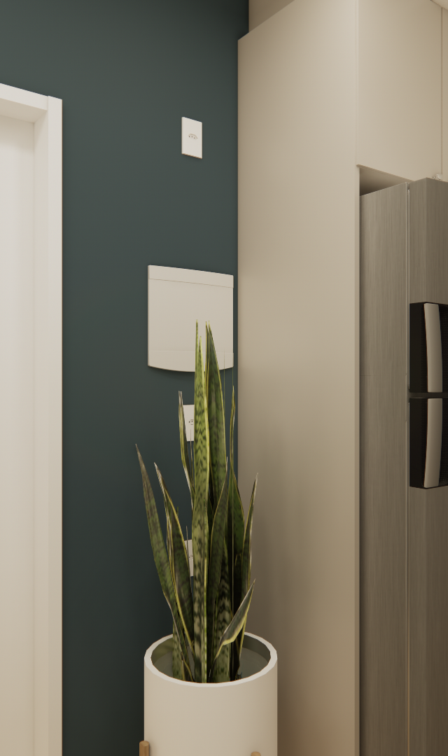 Render 3D no FP NEX ONE Vila Nova com parede azul, marcenaria bege, geladeira inox e planta decorativa em vaso branco