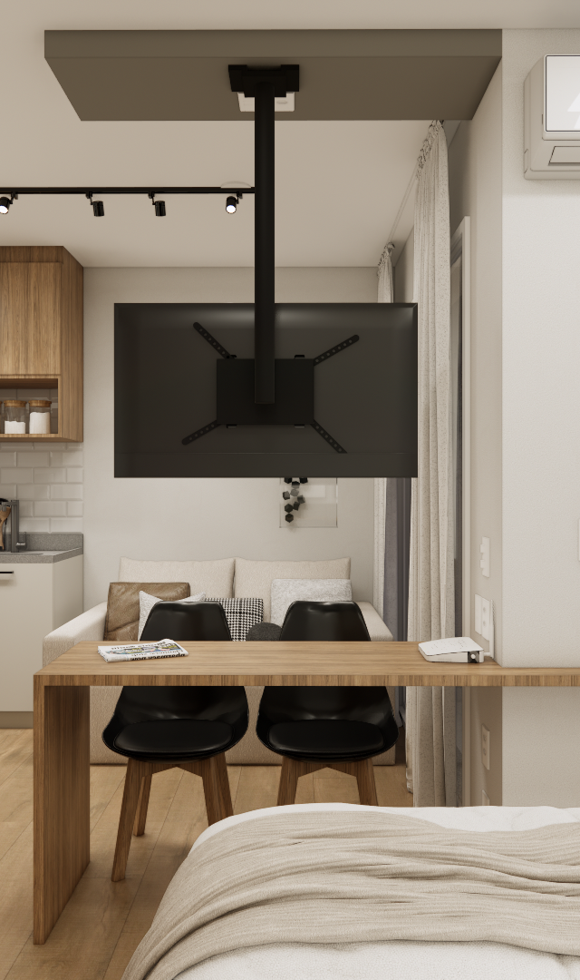 Render 3D de estúdio com 24m²: cozinha compacta, mesa de jantar de madeira, TV suspensa e marcenaria em tons claros e amadeirados