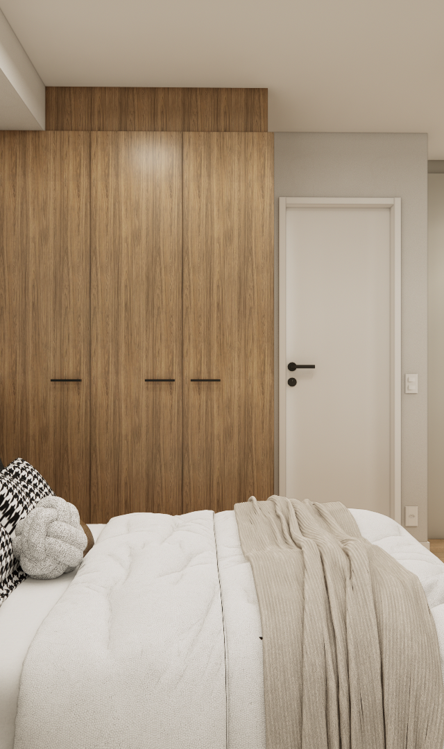 Render 3D de quarto compacto com armário de madeira, cama, mesa de estudos e TV suspensa em tons neutros e modernos