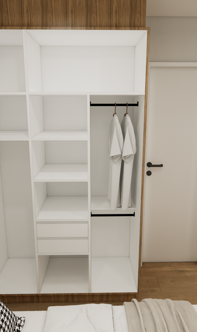 Render 3D de quarto pequeno com armário planejado branco e amadeirado, parede cinza, cama e mesa de trabalho em madeira