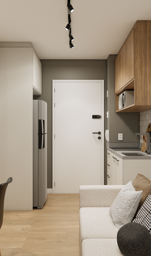 Render 3D de sala e cozinha integrada, tons neutros, marcenaria em madeira, sofá bege e iluminação em trilho no teto