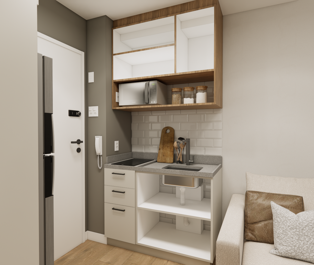 Render 3D de cozinha compacta em tons neutros, marcenaria em madeira e branco, backsplash de azulejo tipo metrô e sofá