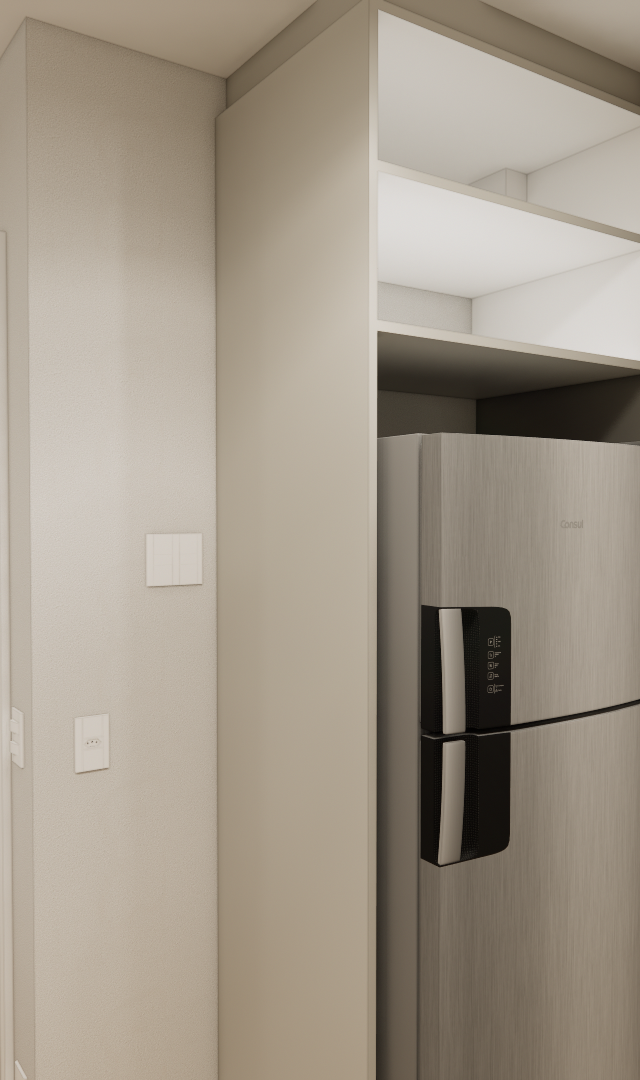 Render 3D de apartamento com geladeira em nicho, marcenaria em madeira e cinza, paredes neutras e iluminação suave