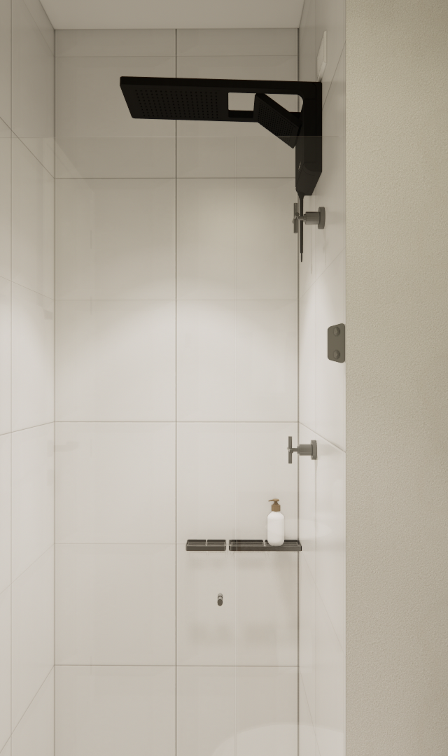 Render 3D de banheiro compacto com box, revestimento branco, metais pretos foscos, toalheiro e iluminação suave neutra