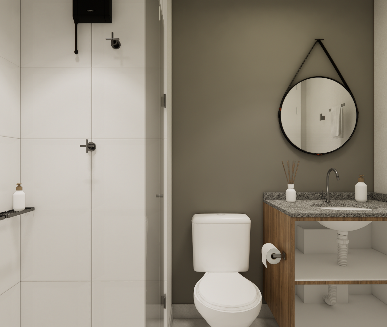 Render 3D de banheiro compacto com parede cinza, gabinete em madeira, tampo de granito, espelho redondo e box de vidro