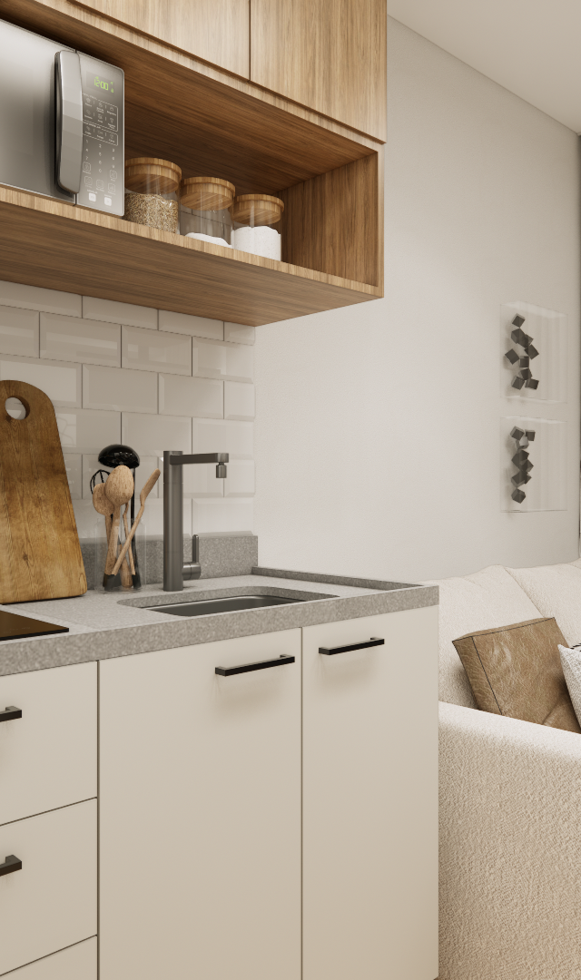 Render 3D de cozinha compacta com marcenaria amadeirada, bancada em pedra cinza, azulejos brancos e sofá claro ao lado