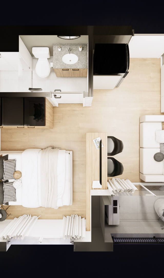Planta baixa 3D de studio de 24m² com tons neutros, madeira clara, cozinha linear, cama, sofá e varanda com planta