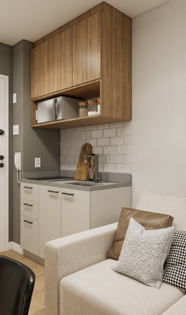 Render 3D de sala e cozinha compactas com marcenaria em madeira, paredes claras, sofá bege e azulejo tipo metrô branco