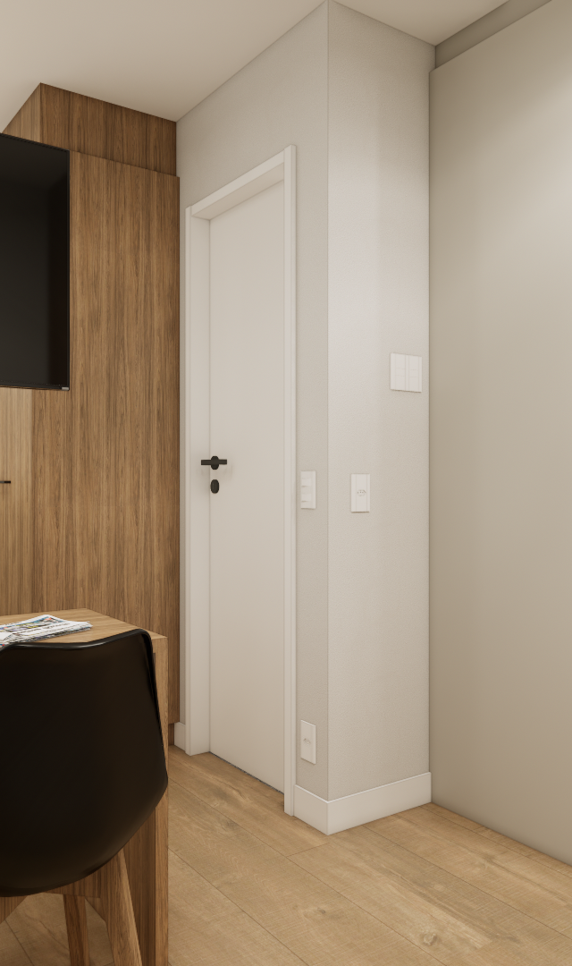 Render 3D de estúdio compacto em tons neutros com cama, mesa de jantar, marcenaria em madeira e geladeira inox