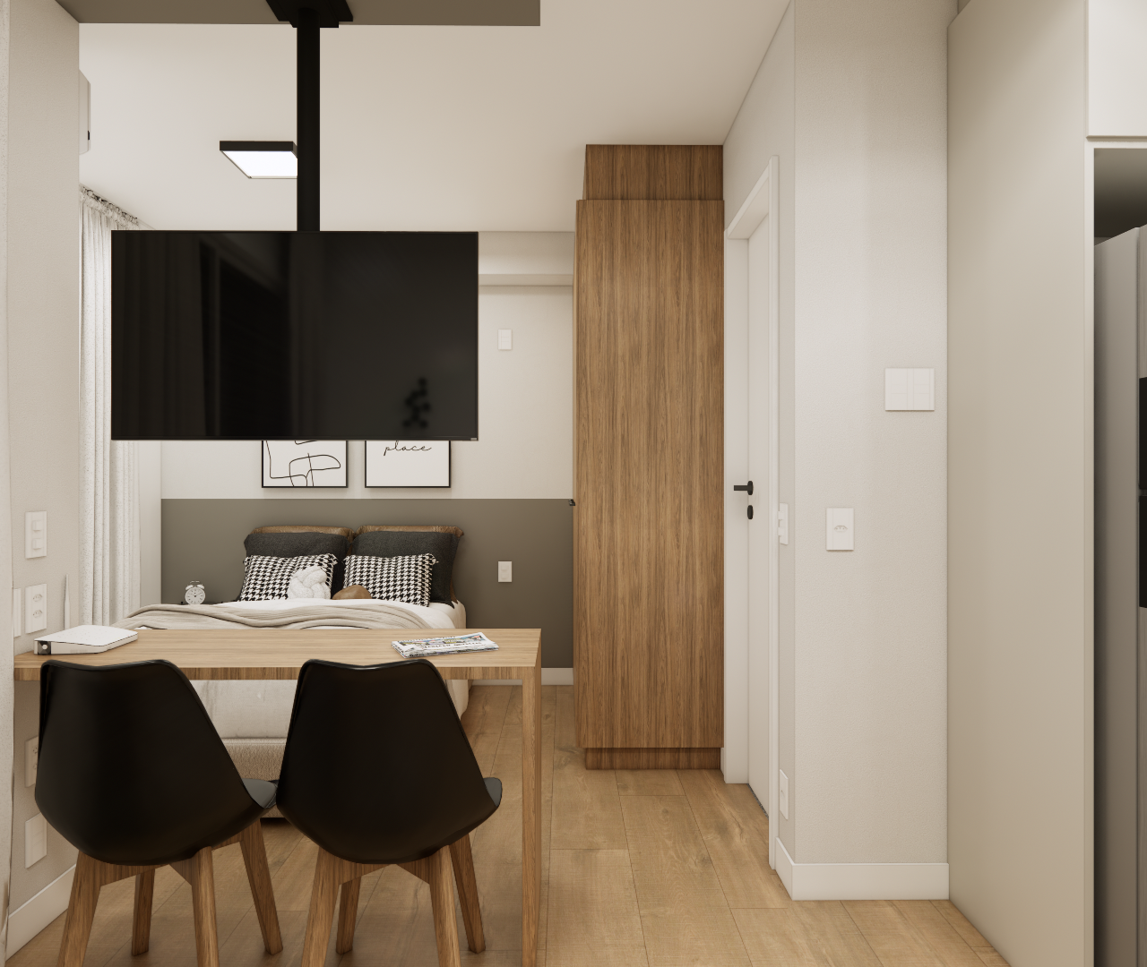 Render 3D de estúdio compacto em tons neutros, mesa de jantar em madeira, cadeiras pretas e TV suspensa no centro
