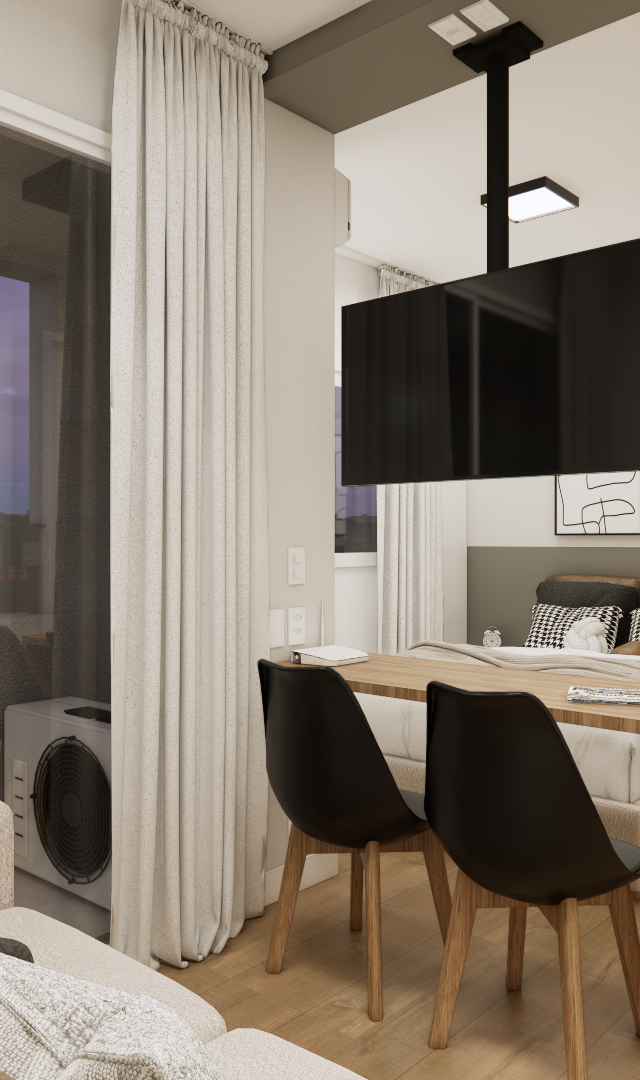 Render 3D de estúdio de 24m² com mesa de madeira, cadeiras pretas, cama, marcenaria em tons amadeirados e TV suspensa