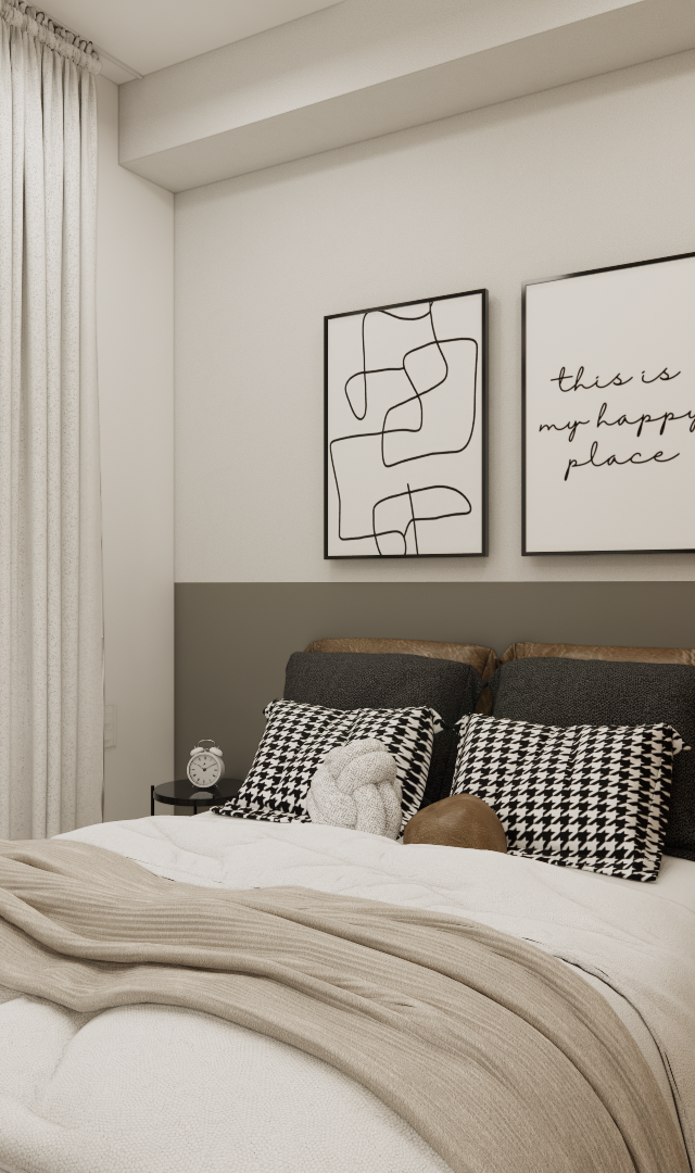 Render 3D de dormitório compacto com cama, almofadas xadrez, marcenaria em madeira e paredes em tons de cinza e off-white