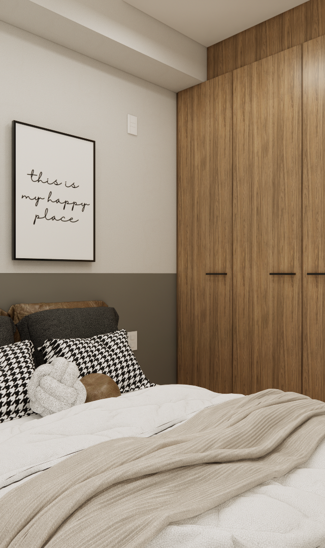 Render 3D de quarto pequeno com armário em madeira, cama com enxoval em tons neutros, quadros na parede e iluminação suave