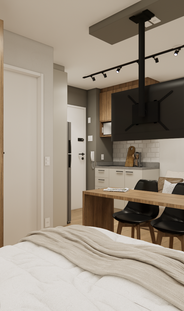 Render 3D de estúdio com 24 m²: armário em madeira, mesa funcional, cadeiras pretas, TV em suporte giratório e tons neutros