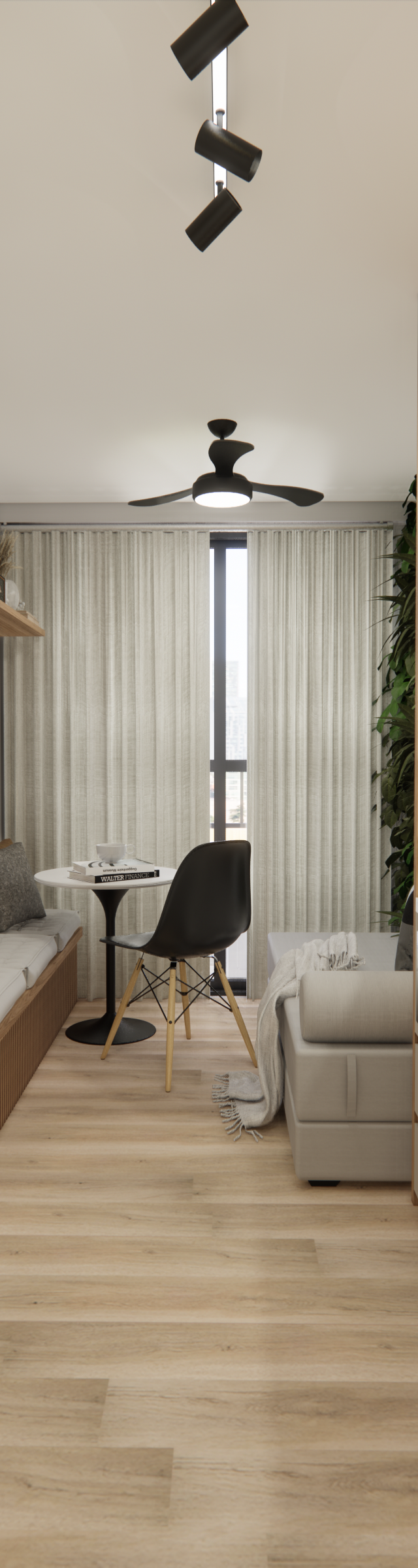 Render 3D de apartamento compacto com cozinha linear, marcenaria em tons claros e madeira, mesa e banco estofado