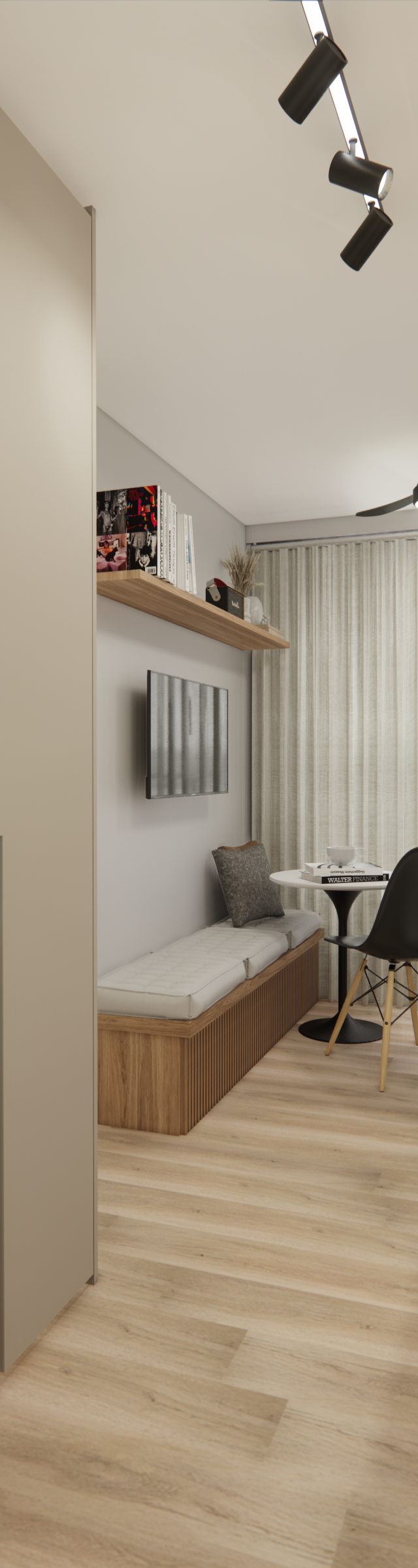 Render 3D de apartamento compacto com tons claros, marcenaria em madeira, iluminação em trilho e área de refeição integrada