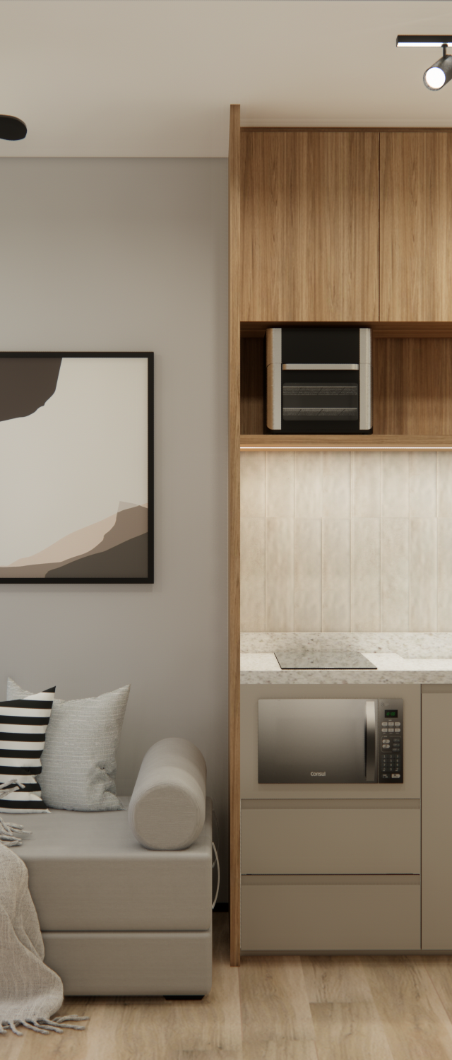 Render 3D de estúdio com sofá, jardim vertical, marcenaria em tons de madeira e cinza, iluminação em trilho e spots