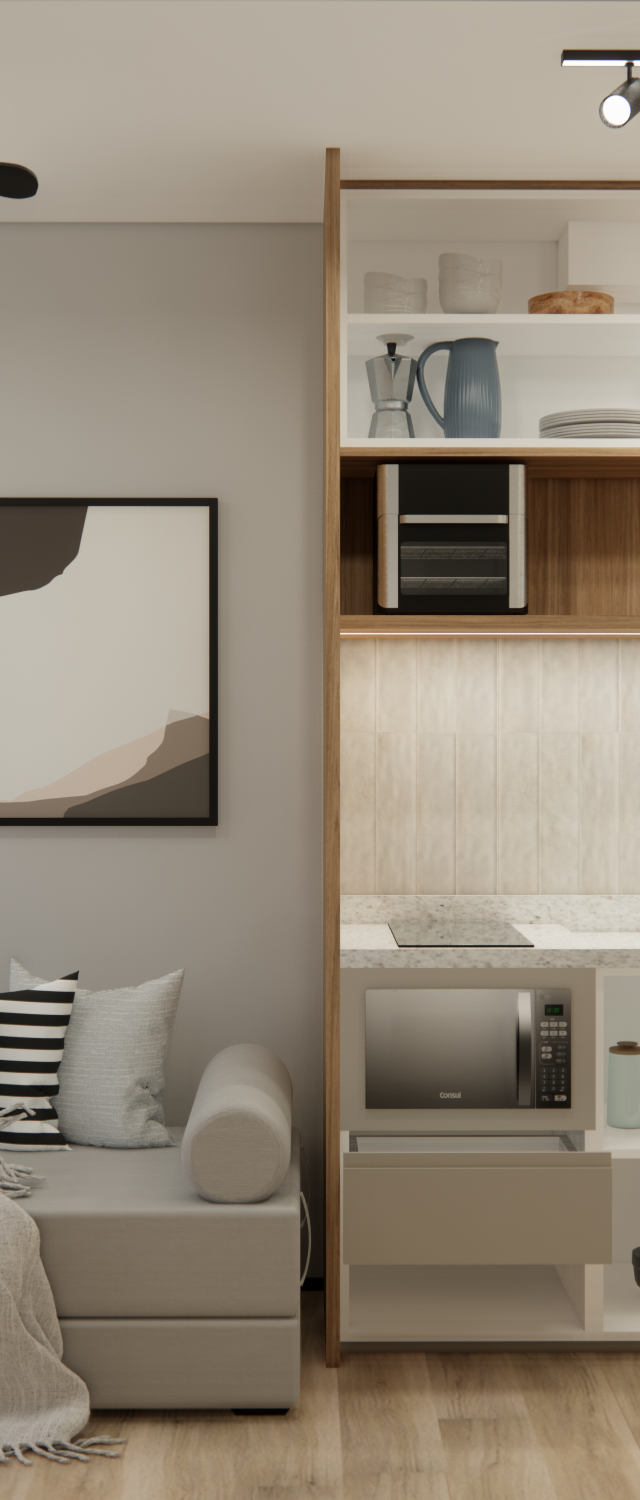 Render 3D de sala e cozinha integrada, marcenaria em madeira e bege, sofá cinza, jardim vertical e iluminação focada