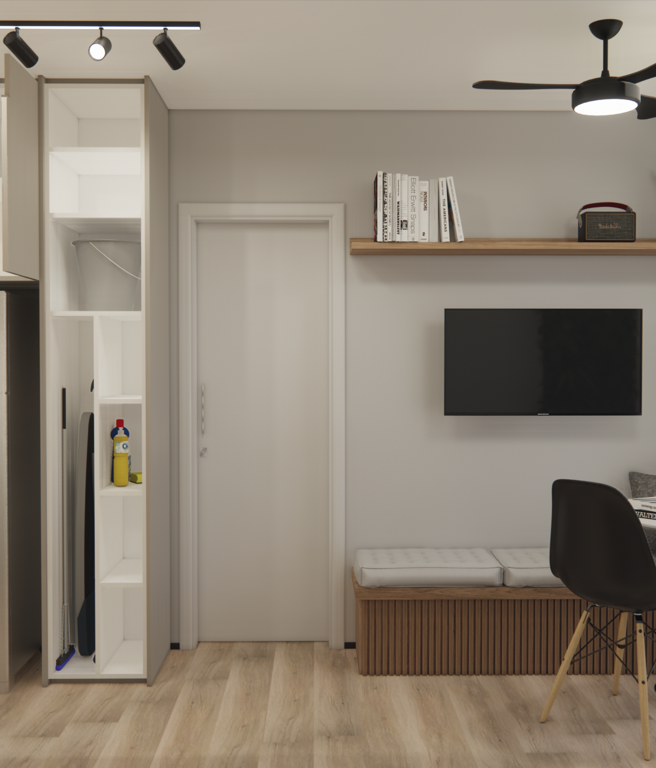 Render 3D de sala de jantar e cozinha integradas, marcenaria em madeira e tons neutros, iluminação com spots e ventilador