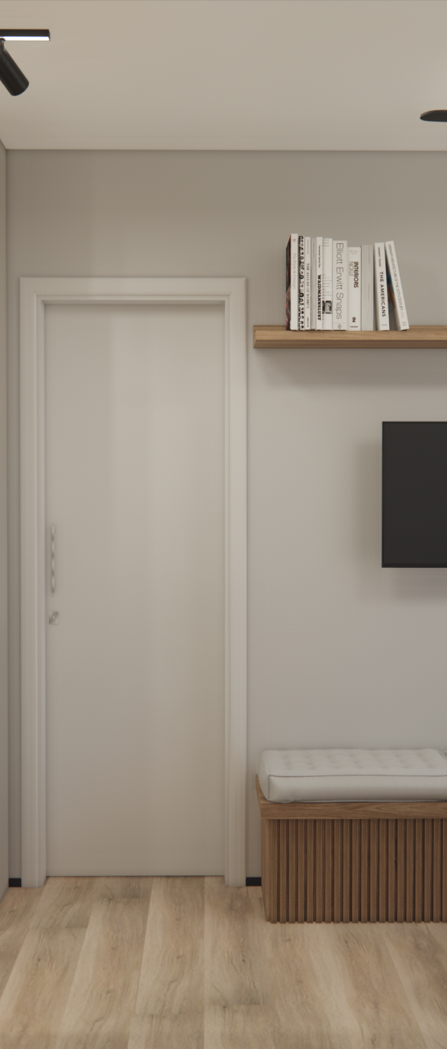 Render 3D de sala e cozinha integrada com marcenaria em tons neutros, banco ripado, mesa redonda e luminárias pretas