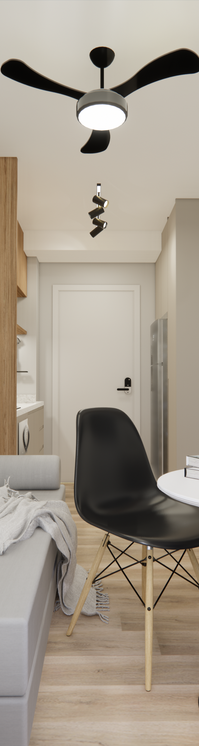 Render 3D de sala de estar compacta, marcenaria amadeirada, sofá cinza, mesa lateral e cadeira preta, tons neutros e claros