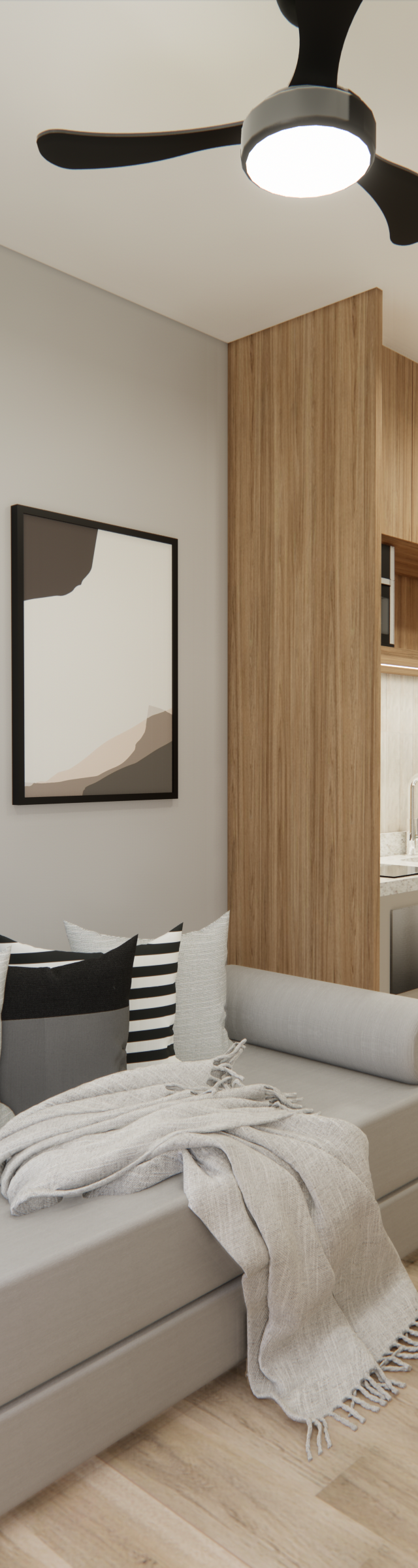 Render 3D de estúdio com sofá cinza, parede verde, marcenaria em madeira clara, cozinha compacta e piso amadeirado
