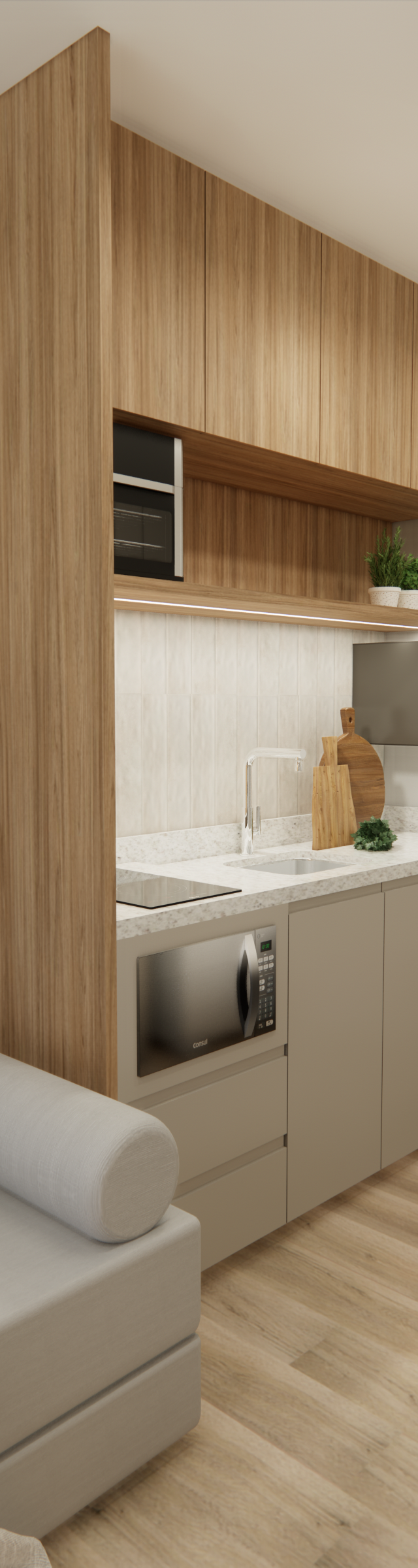 Render 3D de cozinha compacta com marcenaria em madeira e cinza, bancada clara e sofá cinza em ambiente moderno e iluminado